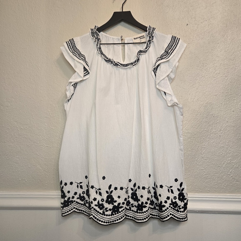 Savannah Jane Cotton Embroidered Flutter Sleeve Scallop Edge‎ Black White 3XL